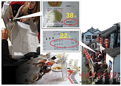 在古鎮(zhèn)朱家角,沿著蜿蜒小河開著一家家水景餐館。然而,這些餐館竟會出現(xiàn)兩份菜單,專門給外國顧客的“豪華版”價格竟高出20%-50%不等,而餐館工作人員也坦言:“我們這里都是這樣的。” 本報暗訪組攝 龔滔 制圖 在古鎮(zhèn)朱家角,沿著蜿蜒小河開著一家家水景餐館。然而,這些餐館竟會出現(xiàn)兩份菜單,專門給外國顧客的“豪華版”價格竟高出20%-50%不等,而餐館工作人員也坦言:“我們這里都是這樣的。” 本報暗訪組攝 龔滔 制圖