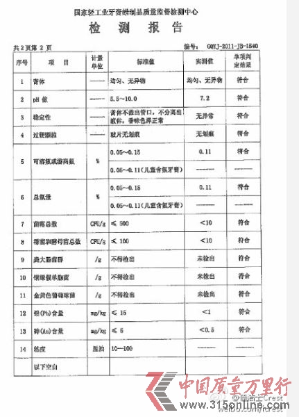 圖為佳潔士官方微博發布的實驗室對佳潔士檢測報告示例。 圖為佳潔士官方微博發布的實驗室對佳潔士檢測報告示例。